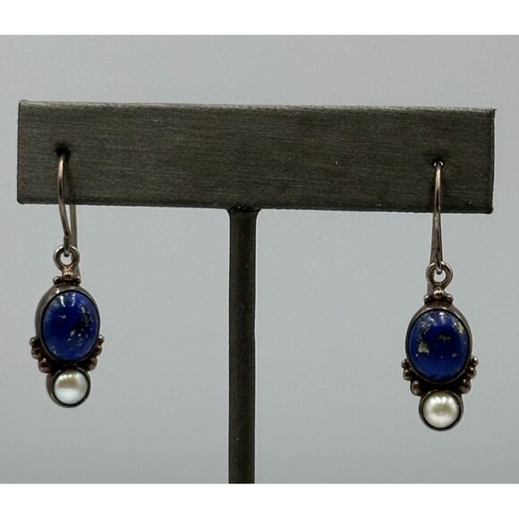 Unbranded Jewelry - Lapis Lazuli Earrings Sterling Silver Faux Pearl Accent Pierced Dainty 1.25 Inch